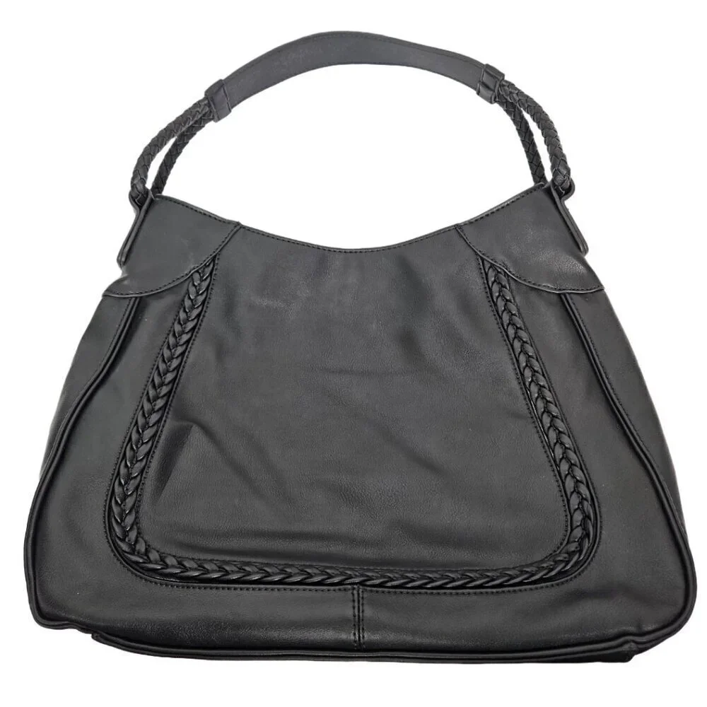 Sole/Society Large Black Faux Leather Braided Detail Hobo Shoulder Bag